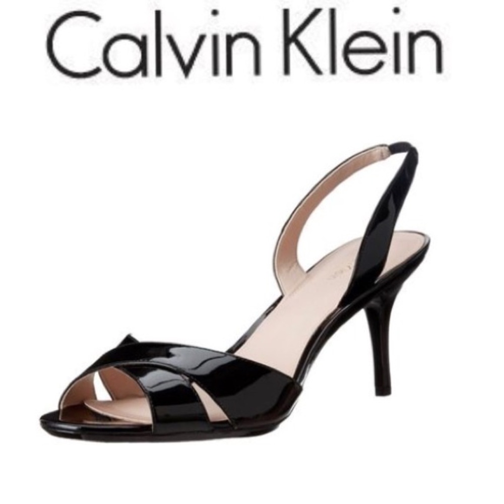 Calvin Klein Lucette Black Patent Leather Slingback Heels Size 8